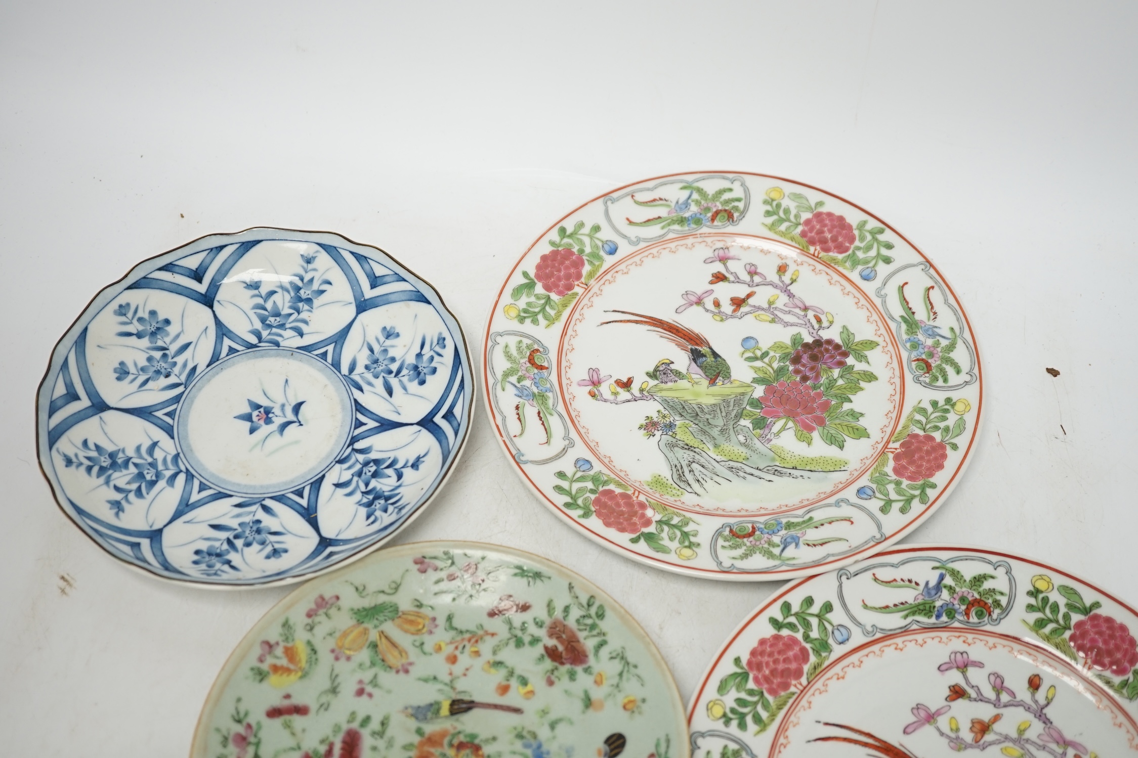 Six various Chinese plates including three 19th century celadon ground plates, largest 23cm diameter. Condition - fair